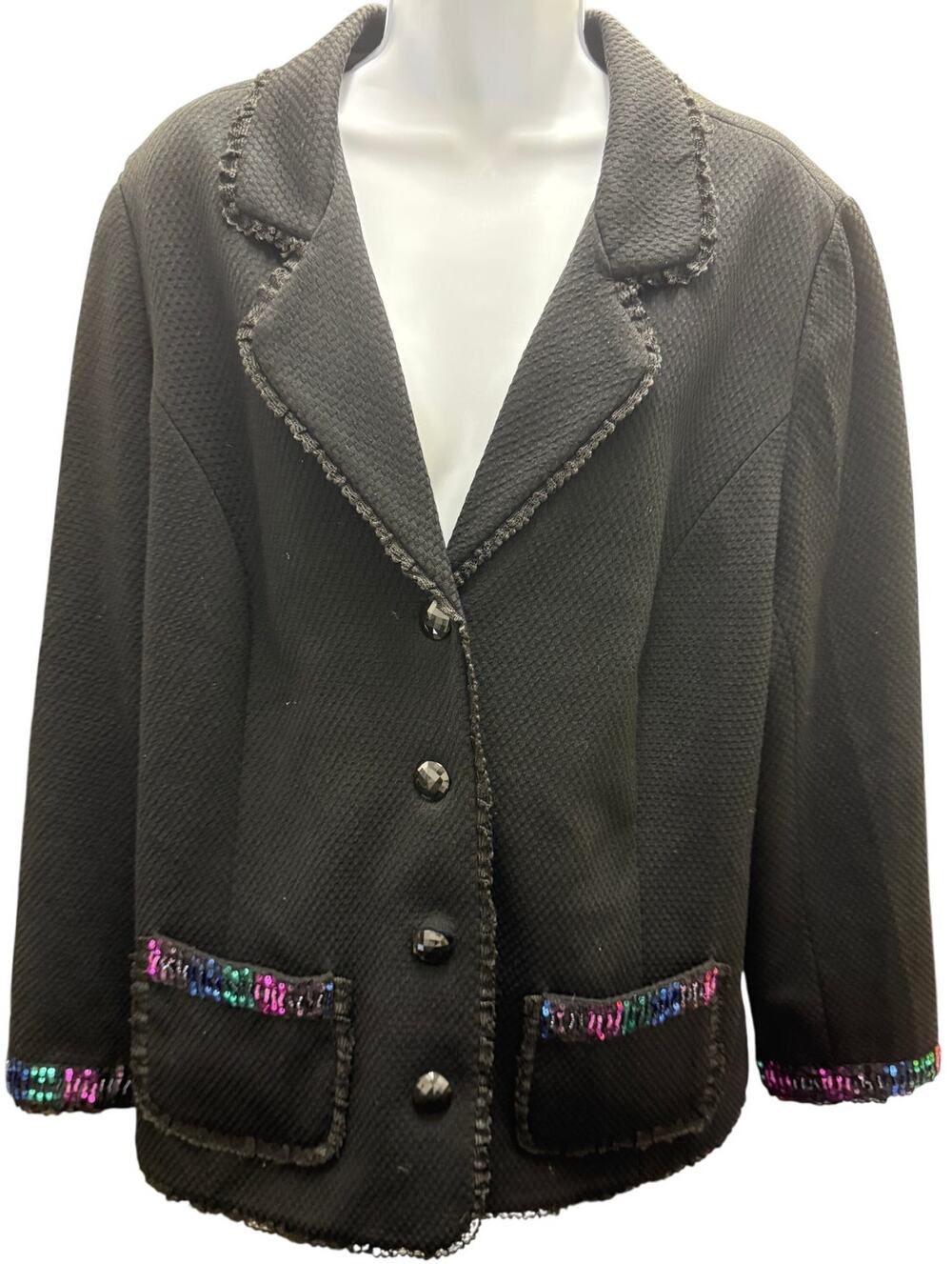 Laura Ashley Womens 2X Cotton Black Blazer Sequin Rainbow Embellishment  Plus